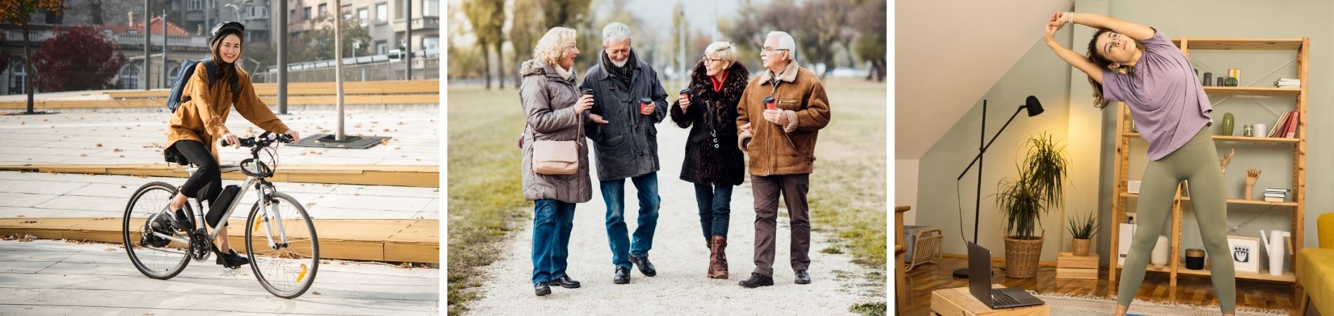 Collage zeigt verschiedene Beispiele für Bewegung im Alltag: Frau fährt Fahrrad in der Stadt, Senioren spazieren gemeinsam im Park und Frau macht Dehnübungen zu Hause.